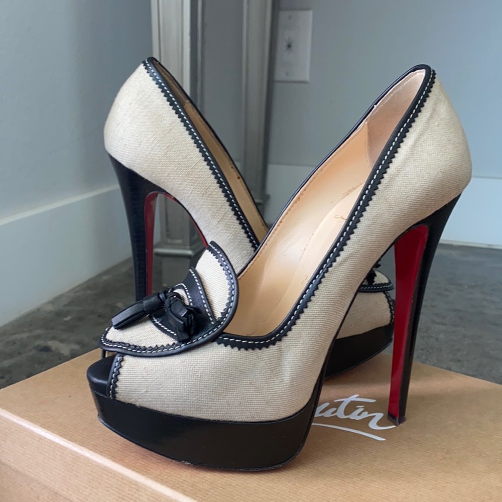 Christian Louboutin Beige Canvas Platform Pumps with Black Trim